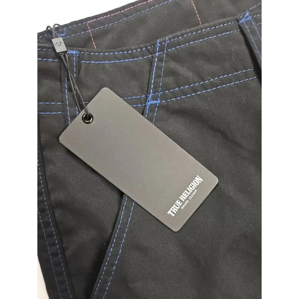 True Religion Cargo Pants Men's 34 Black w Blue Stitching MSRP $164